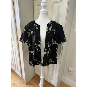 Jessica Howard Black Green Embroidered Open Front Linen Blend Jacket Sz 20